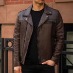 Men Brown Motorcycle Leather Racer Jacket - Image 4