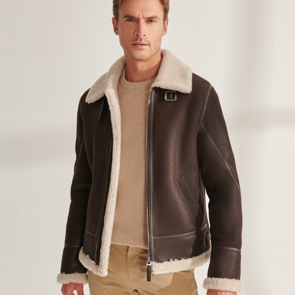 MenBrownPilotShearlingLeatherJacket2.jpg Men Brown Pilot Shearling Leather Aviator Jacket - Image 1