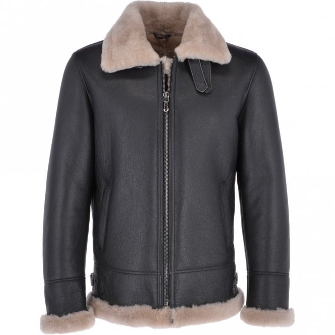 MenBrownShearlingRealBlackLeatherBomberJacket.jpg Men Brown Shearling Real Black Leather Bomber Jacket - Image 1
