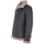 Men Brown Shearling Real Black Leather Bomber Jacket - Image 2