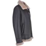 Men Brown Shearling Real Black Leather Bomber Jacket - Image 4