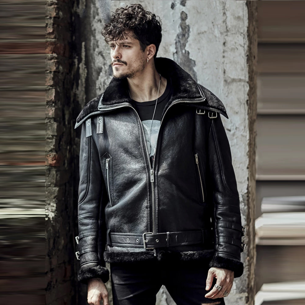 MenDoubleCollarBlackB3FlightAirforceShearlingAviatorSheepskinLeatherJacket.jpg Men Double Collar Black B3 Flight Airforce Shearling Aviator Sheepskin Leather Jacket - Image 1