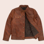 Men Goatskin Plain Brown Trucker Leather Jacket - Image 2