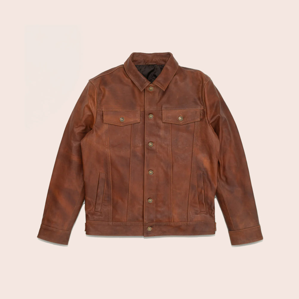 MenGoatskinPlainBrownTruckerLeatherJacket5.jpg Men Goatskin Plain Brown Trucker Leather Jacket - Image 1