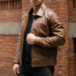 Men Point Collar Classic Brown Leather Jacket - Image 4