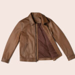 Men Point Collar Classic Brown Leather Jacket - Image 3