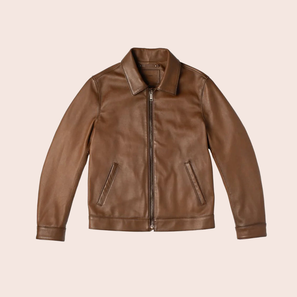 MenPointCollarClasicBrownLeatherJacket4.jpg Men Point Collar Classic Brown Leather Jacket - Image 1