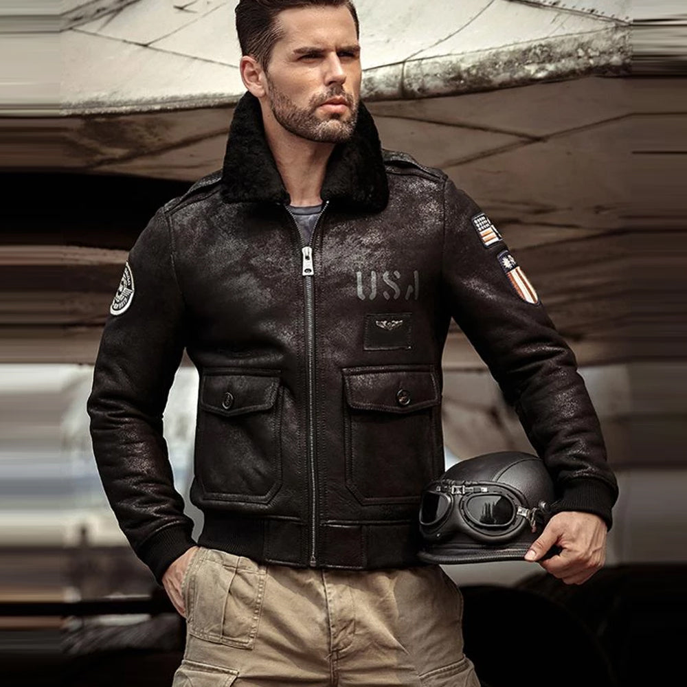MenRAFB3SheepskinSuedeBlackLeatherShearlingBomberJacket.jpg Men RAF B3 Sheepskin Suede Black Leather Shearling Bomber Jacket - Image 1