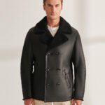 Mens Classic Black Flying Sheepskin Shearling Long Aviator Leather Jacket Coat