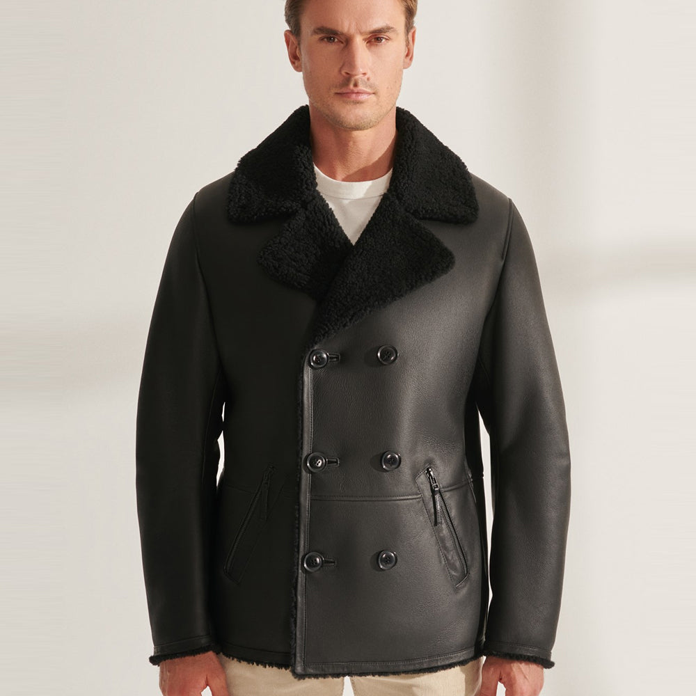 MenSClassicBlackFlyingSheepskinShearlingLongAviatorLeatherJacketCoat2.jpg Mens Classic Black Flying Sheepskin Shearling Long Aviator Leather Jacket Coat - Image 1