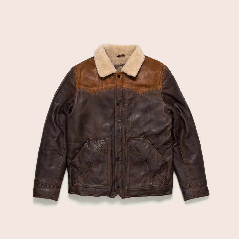 MenSheepskinDoubleToneBrownSherpaLeatherJacket4.jpg Men Sheepskin Double Tone Brown Sherpa Western Leather Jacket - Image 1