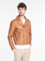 Men Tan Brown Biker Leather Jacket - Image 2