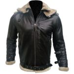 Men's Aviator B3 Bomber Double Collar Faux Shearling Brown Leather Jacket - Image 2