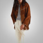 Men's Brown Suede Leather Cowboy Jacket with Fringes - Image 3
