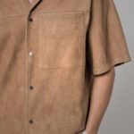 Men's Brown Suede Leather Half Sleeves Shirt - Image 5