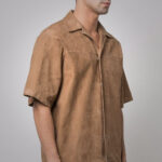 Men's Brown Suede Leather Half Sleeves Shirt - Image 3