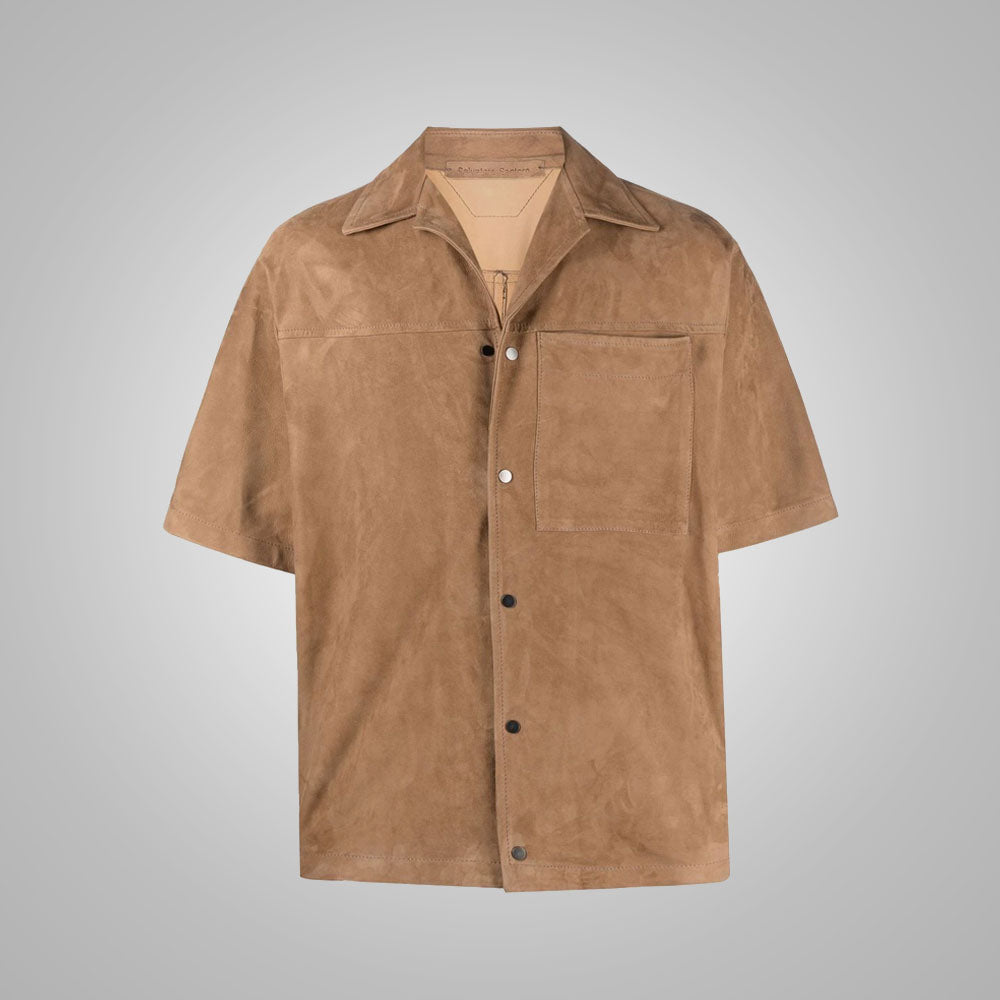 Men_sBrownSuedeLeatherHalfSleevesShirt5.jpg Men's Brown Suede Leather Half Sleeves Shirt - Image 1