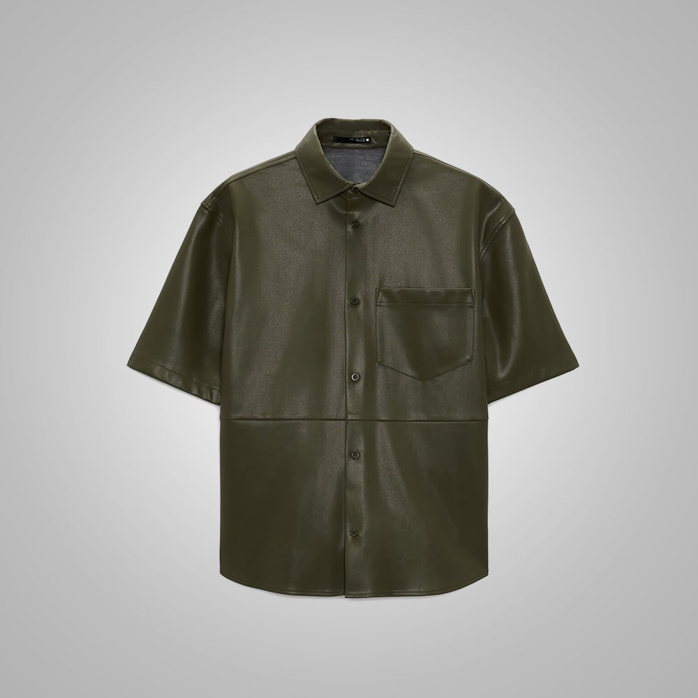 Men_sDarkGreenHalfSleevesLeatherShirt2.jpg Men's Dark Green Half Sleeves Leather Shirt - Image 1