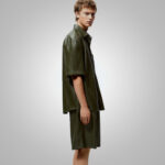 Men's Dark Green Half Sleeves Leather Shirt - Image 3