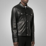 Men's Dotted Pattern Full Sleeves Black Leather Shirt - Image 3