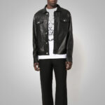 Men's Dotted Pattern Full Sleeves Black Leather Shirt - Image 4