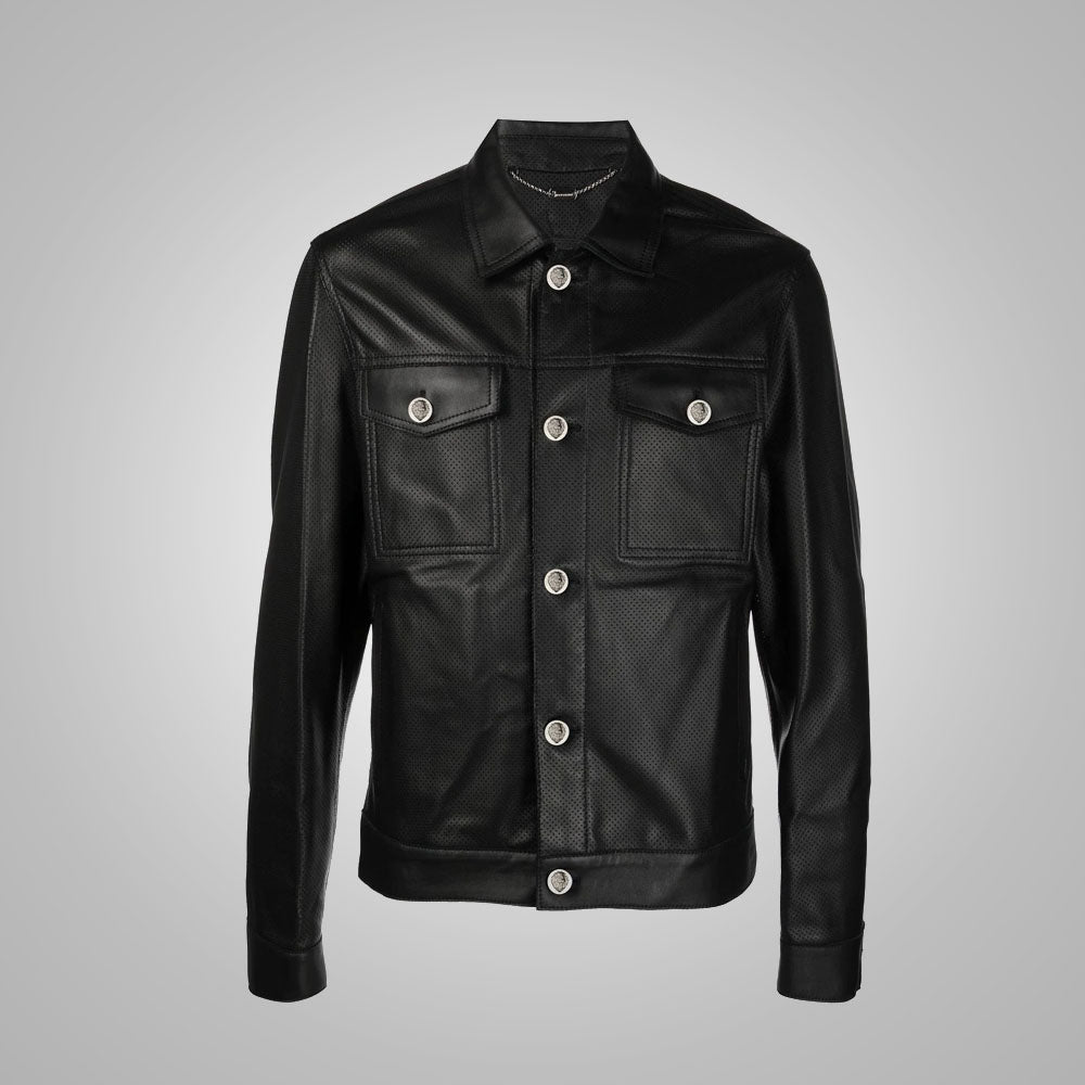 Men_sDottedPatternFullSleevesBlackLeatherShirt5.jpg Men's Dotted Pattern Full Sleeves Black Leather Shirt - Image 1