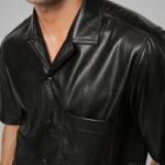 Men's Fine Grain Half Sleeves Black Leather Shirt - Image 5
