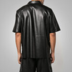 Men's Fine Grain Half Sleeves Black Leather Shirt - Image 2
