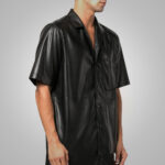 Men's Fine Grain Half Sleeves Black Leather Shirt - Image 3