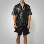 Men's Fine Grain Half Sleeves Black Leather Shirt - Image 4