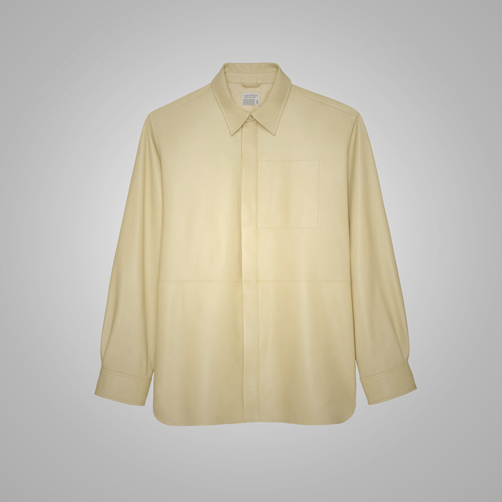 Men_sOffWhiteFullSleevesNormalFitLeatherShirt.jpg Men's Off White Full Sleeves Normal Fit Leather Shirt - Image 1