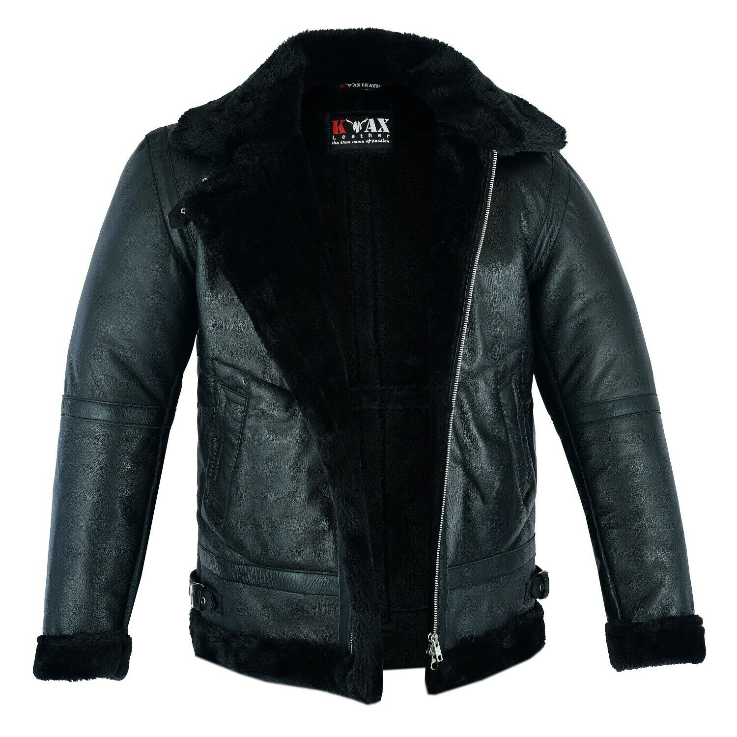 Men_sShearlingLeatherBlackFurB3RAFAviatorBomberRealSheepskinJacket3.jpg Men's Shearling Leather Black Fur B3 RAF Aviator Bomber Real Sheepskin Jacket - Image 1