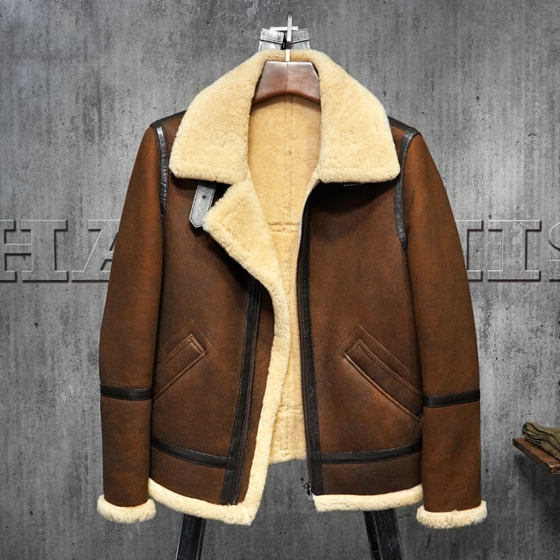 Men_sShearlingLeatherJacketDarkBrownB3JacketOriginalFlyingJacketMen_sFurCoatAviationLeathercraftPilotsCoat.jpg Men's B3 Shearling Dark Brown Leather Jacket - Image 1