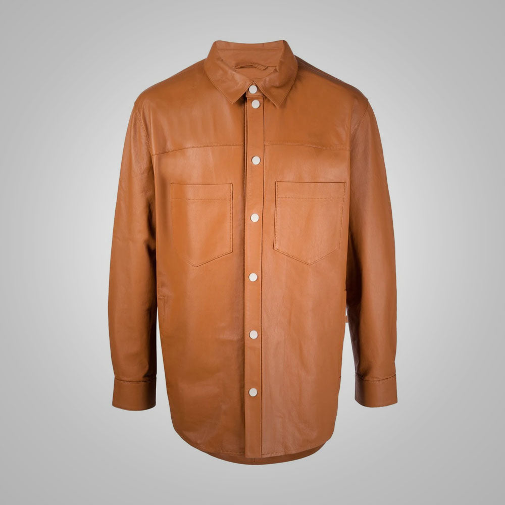 Men_sSnapButtonClosureBrownLeatherShirt5.jpg Men's Snap Button Closure Brown Leather Shirt - Image 1