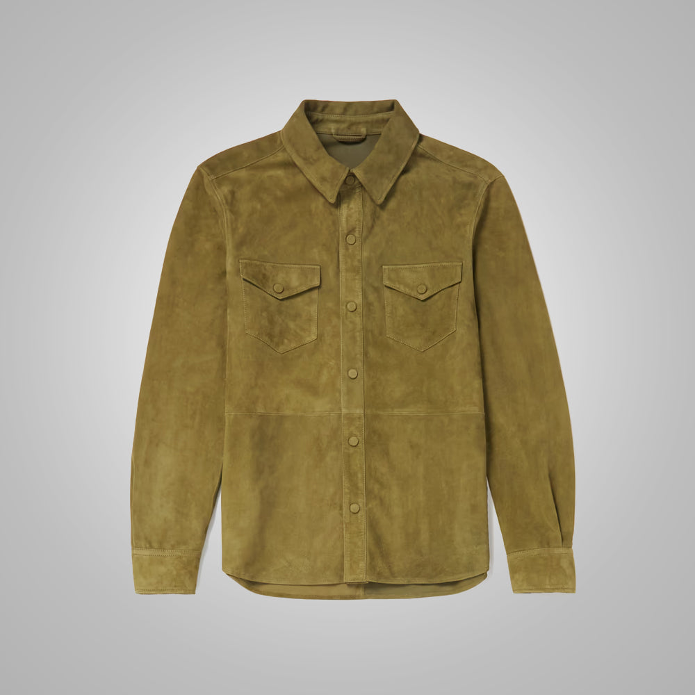 Men_sSuedeGreenFullSleevesLeatherShirt4.jpg Men's Suede Green Full Sleeves Leather Shirt - Image 1