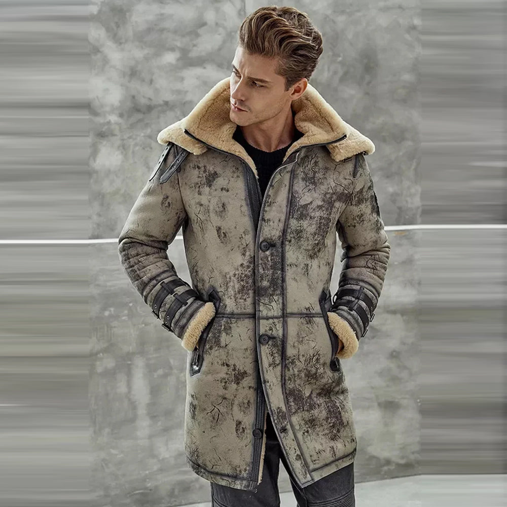Men_sWaxedB3RAFFlyingDoubleCollarSheepskinShearlingLeatherLongJacketCoat3.jpg Men's Waxed B3 RAF Flying Double Collar Sheepskin Shearling Leather Long Jacket Coat - Image 1