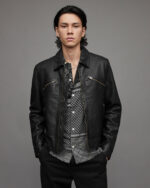 Men's Cafe Racer Leather Jacket In Black - Image 2