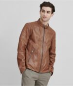 Men's Cafe Racer Leather Jacket In Brown - Image 2