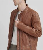 Men's Cafe Racer Leather Jacket In Brown - Image 4