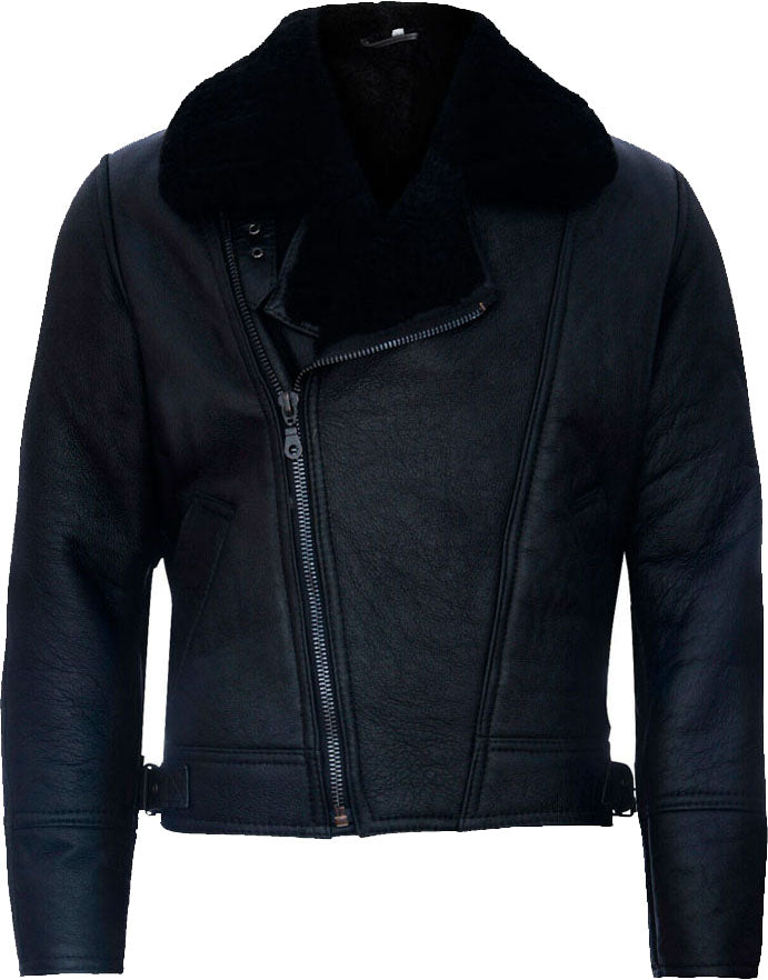 Mens-Cross-Zip-Black-Leather-Jacket-with-Fur.jpg Mens Cross Zip Black Leather Jacket With Fur - Image 1