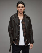 Men's Distressed Leather Biker Jacket In Black - Image 4