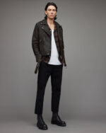 Men's Distressed Leather Biker Jacket In Black - Image 7
