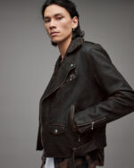 Men's Distressed Leather Biker Jacket In Black - Image 5