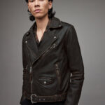 Men's Distressed Leather Biker Jacket In Black