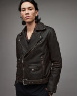 Men's Distressed Leather Biker Jacket In Black