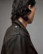 Men's Distressed Leather Biker Jacket In Black - Image 8