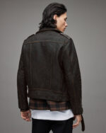 Men's Distressed Leather Biker Jacket In Black - Image 3