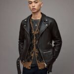 Men's Leather Biker Jacket In Black With Belt