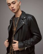 Men's Leather Biker Jacket In Black With Belt - Image 2