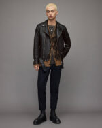 Men's Leather Biker Jacket In Black With Belt - Image 4